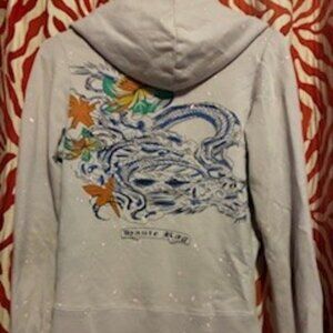 Full zip Hoodie with Flowers intertwined with Dragon by Haute Rag, Size Medium